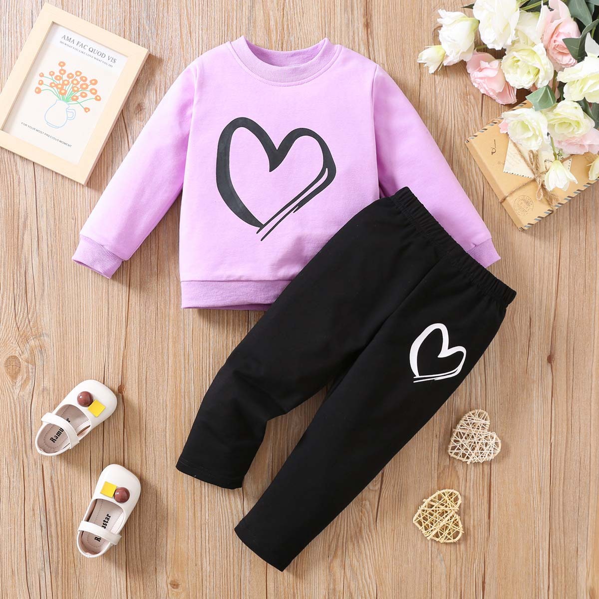 Heart Print Pullover Two-piece Set