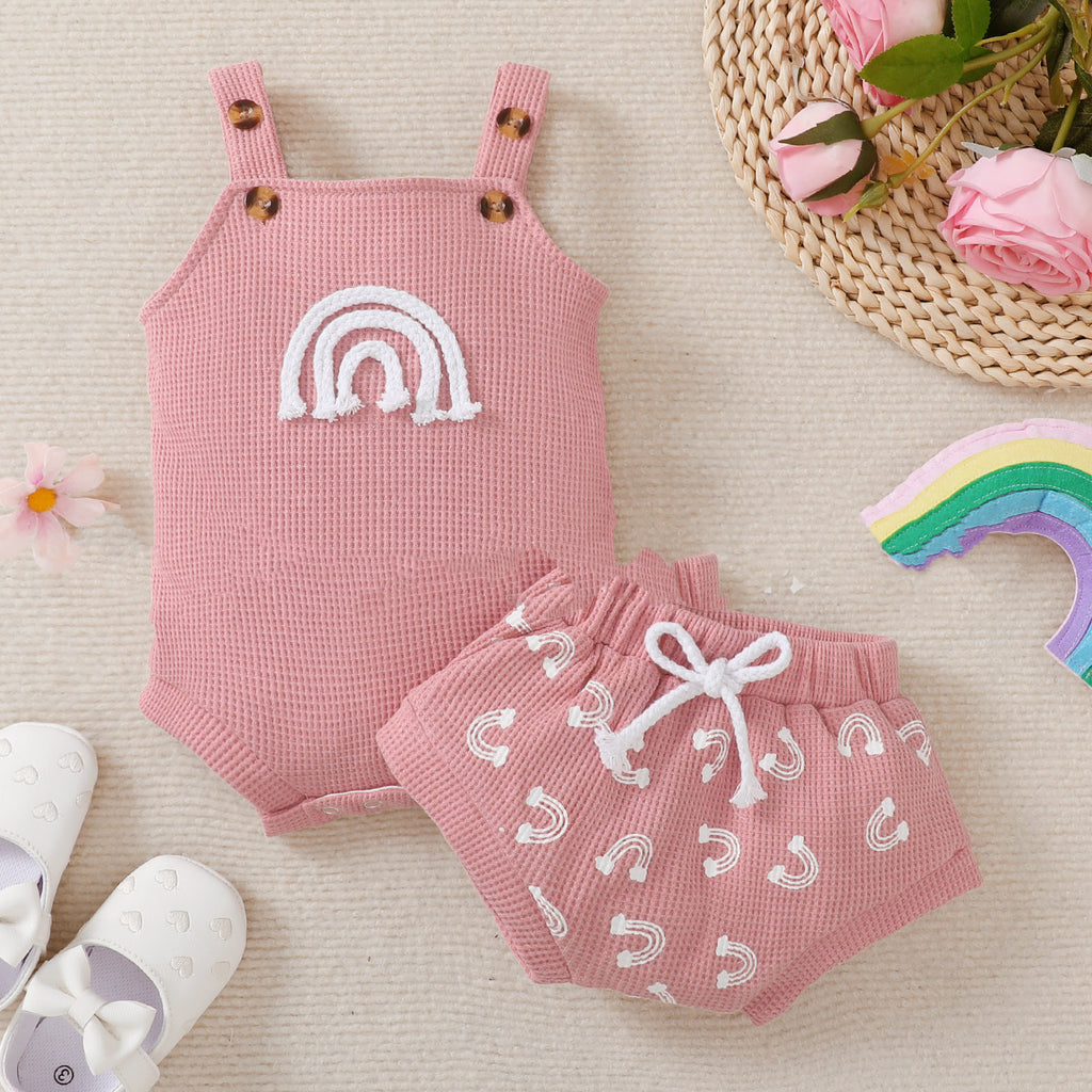 Children's Girl Clothing 2pc Set, Baby Toddler Sleeveless Waffle Print Onesie & Short's Set.