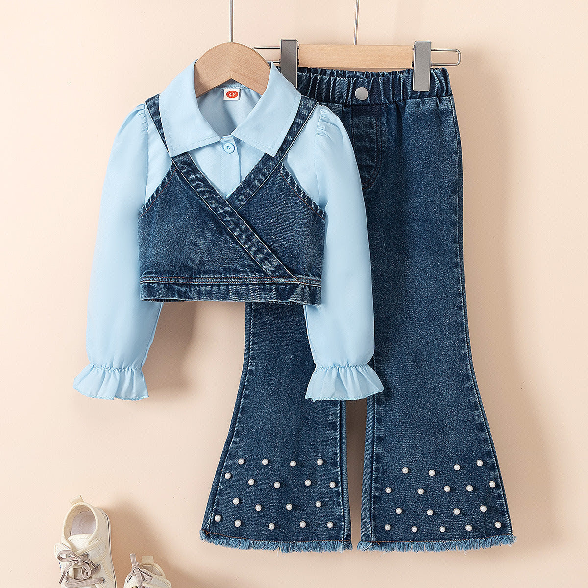 Girls' Lapel Shirt Denim Bell-bottom Pants Three-piece Suit