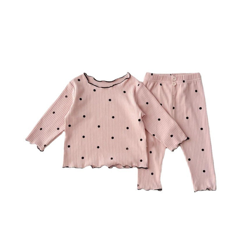 Girls' Long Sleeved Home Wear Pajamas With Wooden Ear Edge Set