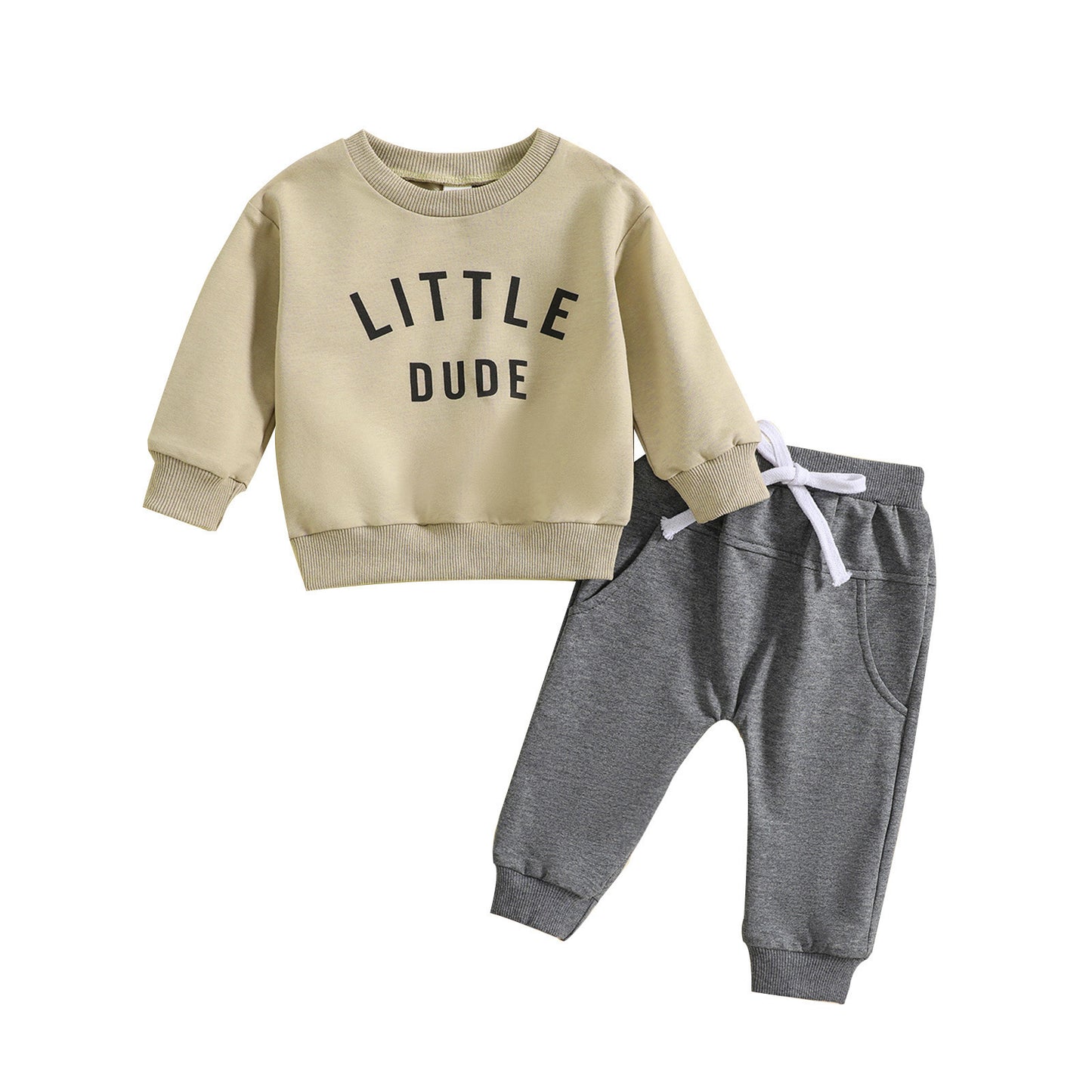 Boys' Round Neck Letter Print Top Solid Color Trousers Two-piece Set