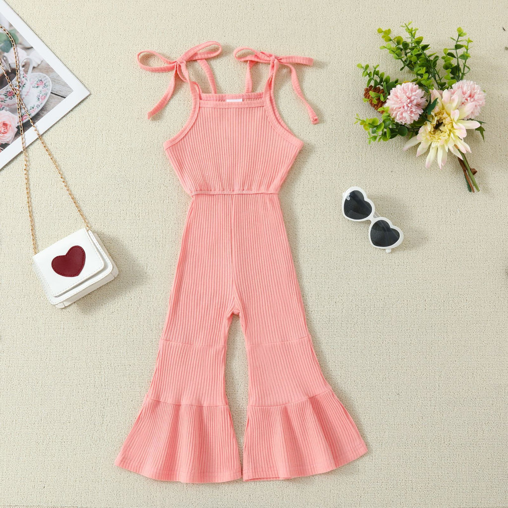 Solid Color Bell-bottom Pants Jumpsuit With Straps