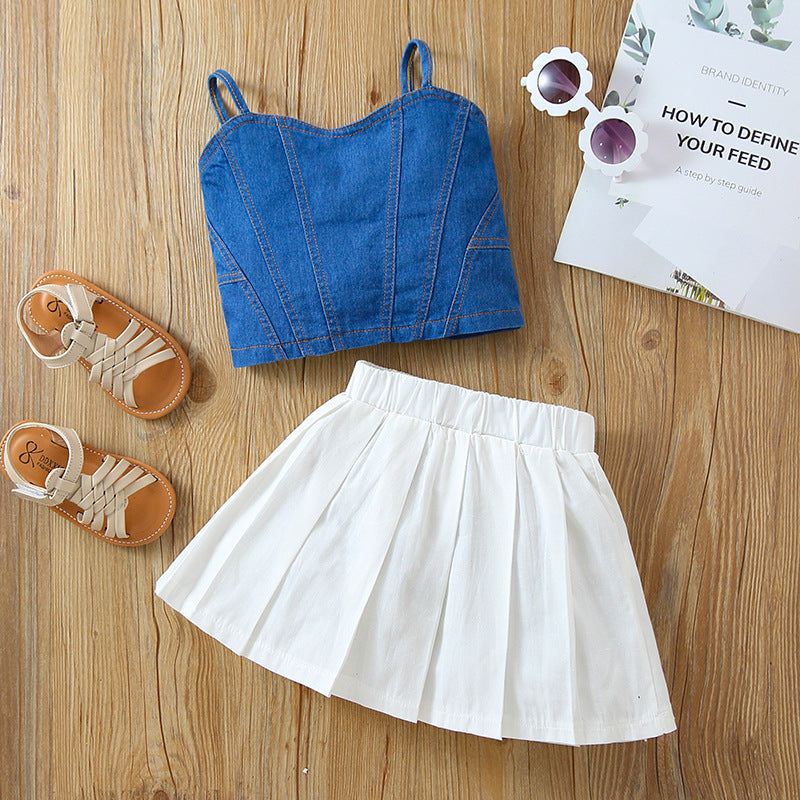 Girls' Strap Tube Top, Solid Skirt Suit