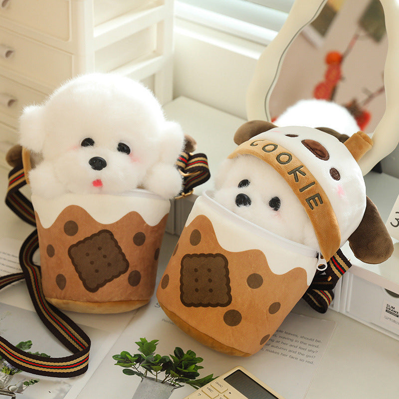 Milky Tea Cup Dog Crossbody Shoulder Bag Doll Plush Toy