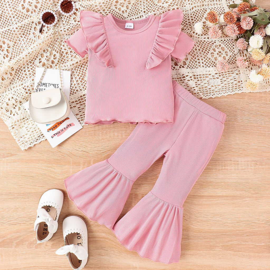 Baby/Toddler Girls' Sweet Leisure Solid Color Short Sleeve Top, Bell-bottom Pants 2pc Set